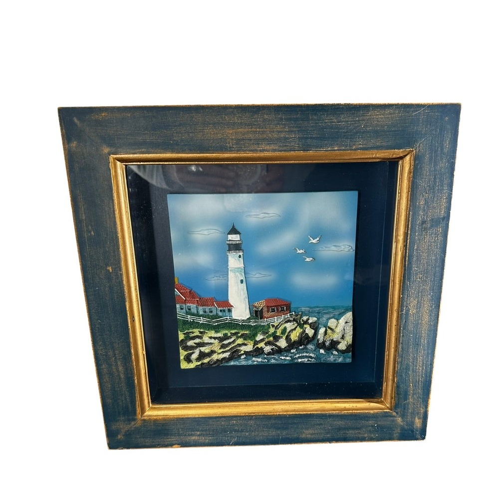 Lighthouse 3D Framed Wall Art 12x12 Blue Gold Coastal Nautical